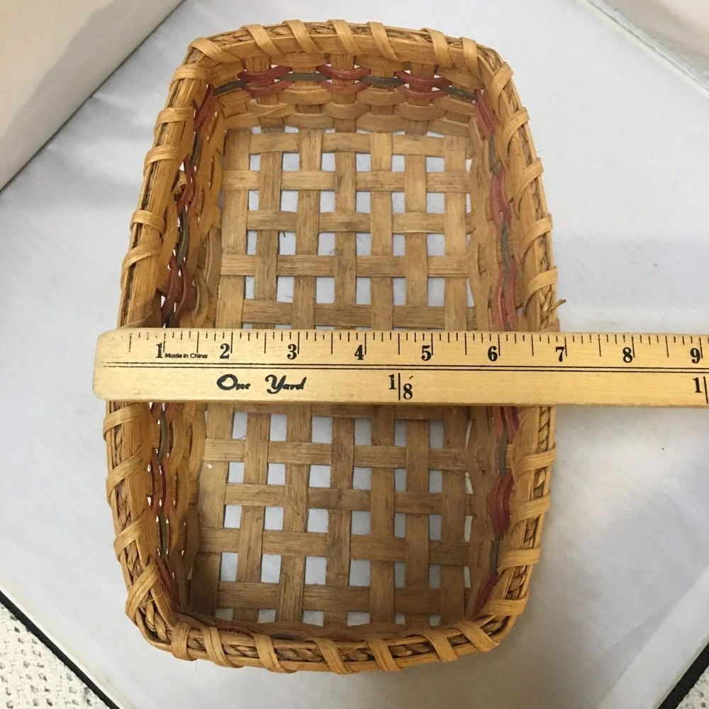 Handmade Woven Splint Basket Home Decor Natural Red Green 1992 Artisan Vintage